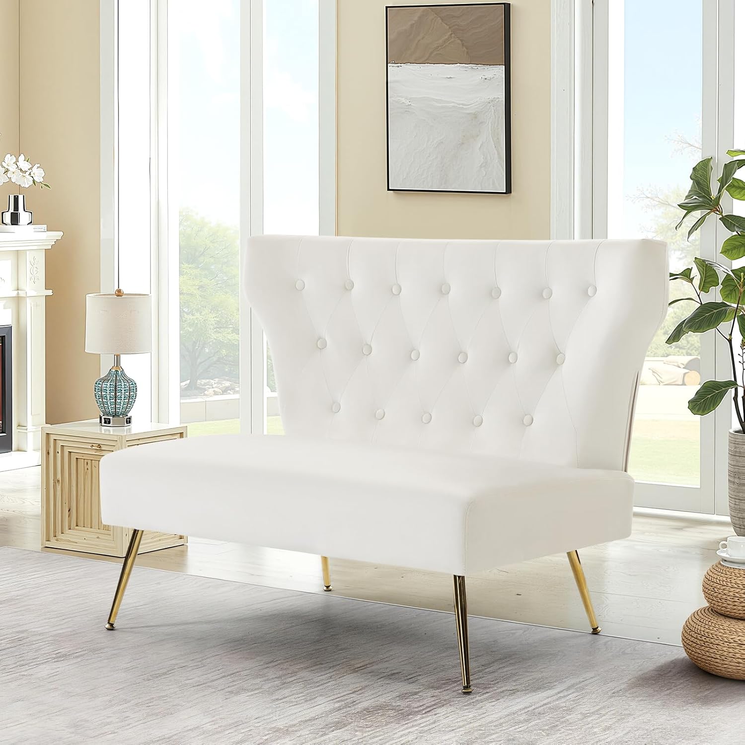 ZJhome Small White Velvet Sofa, Soft Upholstered 40’’ Armless Loveseat Couch with High Density Foam, Modern Tufted Cushion with Gold Legs for Bedroom, Dorm, Apartment, Girls, Teens, Easy Assembly