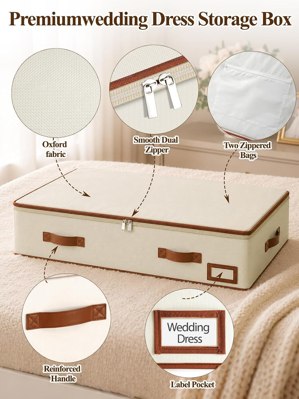 punemi 70L Under Bed Wedding Dress Preservation Box, Beige | With 30 Sheets Acid-Free Tissue Paper & Microfiber Gloves, for Wedding Dresses, Evening Gowns & Heirlooms