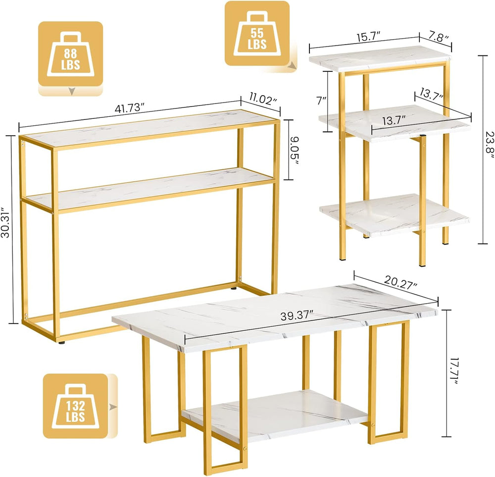 Lamerge Coffee Table Set of 3, Gold Coffee Table & 3-Tier End Table &...