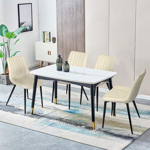 4 PCS Faux Leather Dining Chairs, Mid Century Modern Leisure Upholstered Chair with Metal Legs for Kitchen Living Room Beige