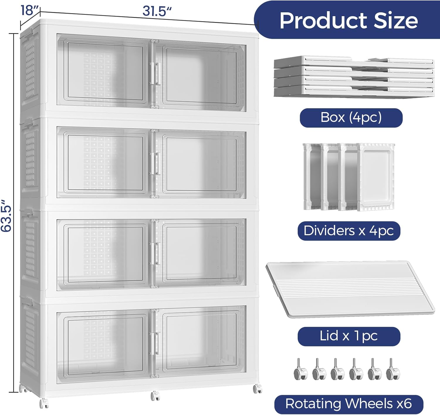 200Gal Stackable Storage Bins with Lid, 800Qt Extra Large Collapsible Storage Box with Wheels, Dividers, Folding Plastic Cabinet Closet Organizers for Home Kitchen Office Dorm, 4Pack White