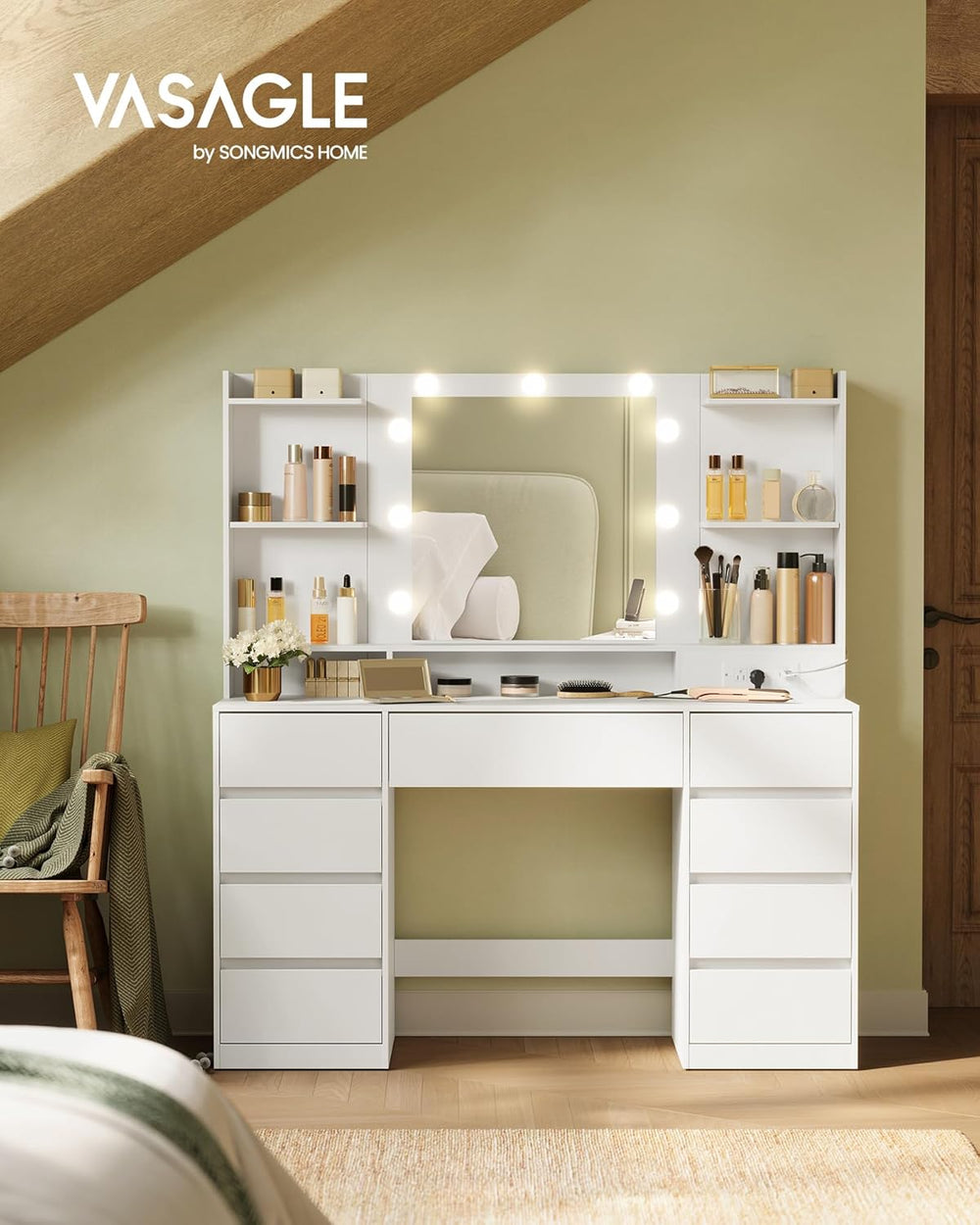 VASAGLE 43.3-Inch Vanity Desk with Mirror and Lights, 9 Drawers | Modern Vani...