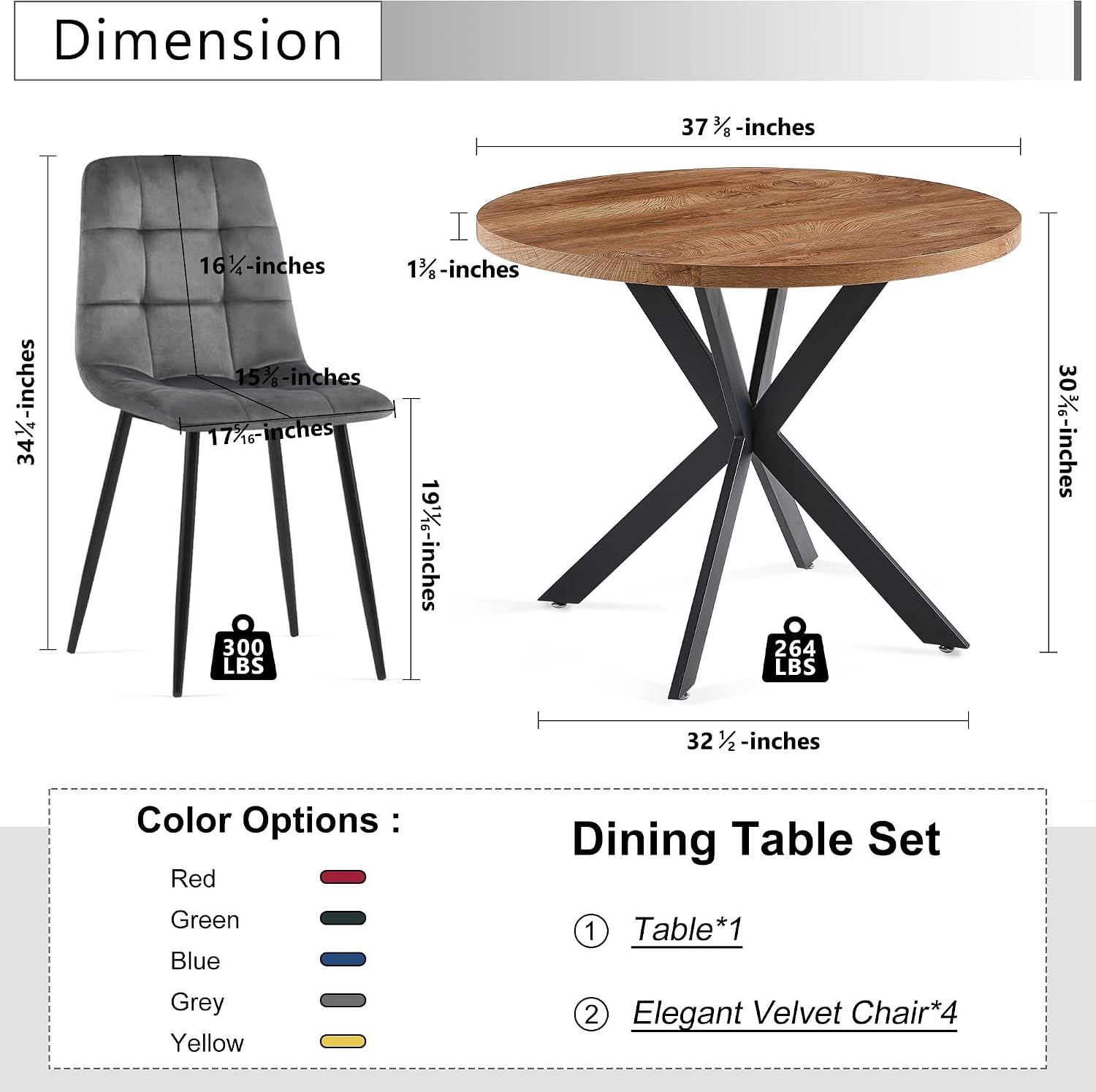 3 Piece Dining Table Set for Small Spaces - Round Kitchen Table Chairs Set of 2 with Gray Velvet Upholstered Chairs -Space Saving Dinette for Kitchen, Dining Room