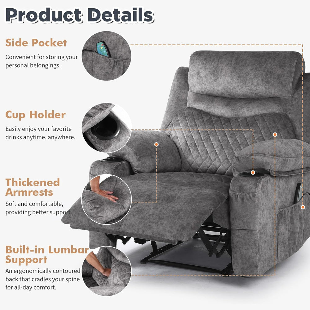 Overstuffed Massage Recliner Chair with Heat, Wide Seat Reclining Chair for H...