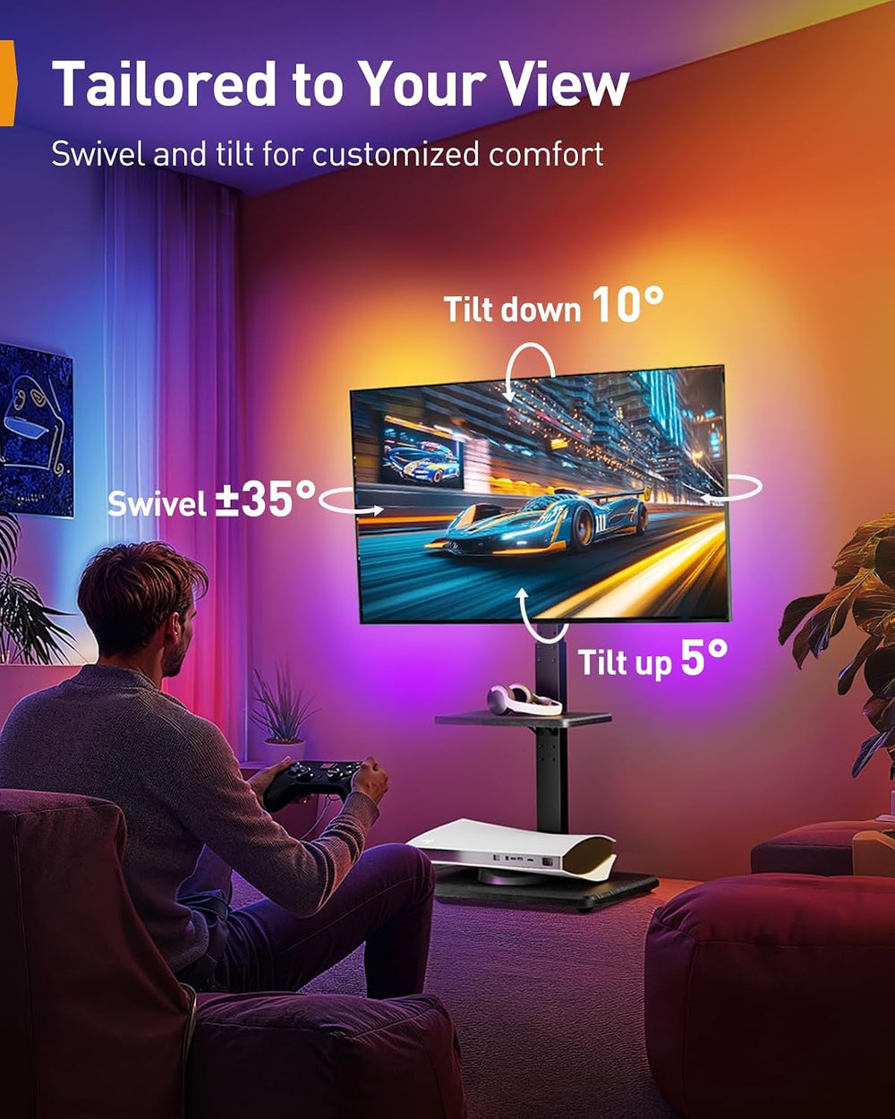 Perlegear Floor TV Stand with LED Lights for 32–75 inch TVs up to 110 lbs