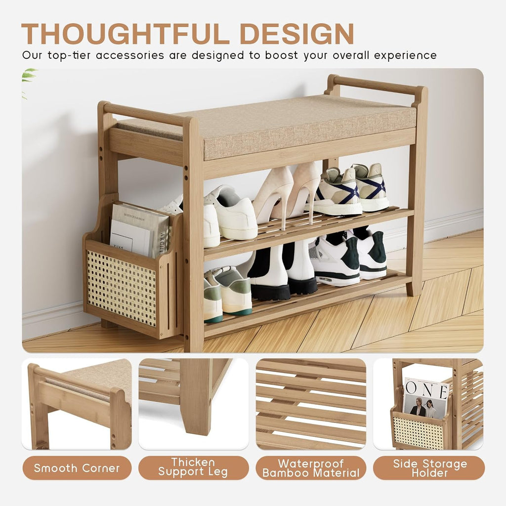 Homaxy 2-Tier Shoe Rack Bench, 28.2 in, Walnut and Light Brown | Bamboo Entryway Bench, with Side Holder, Shoe Rack Organizer with Cushion for Front Entrance, Hallway Living Room Bedroom