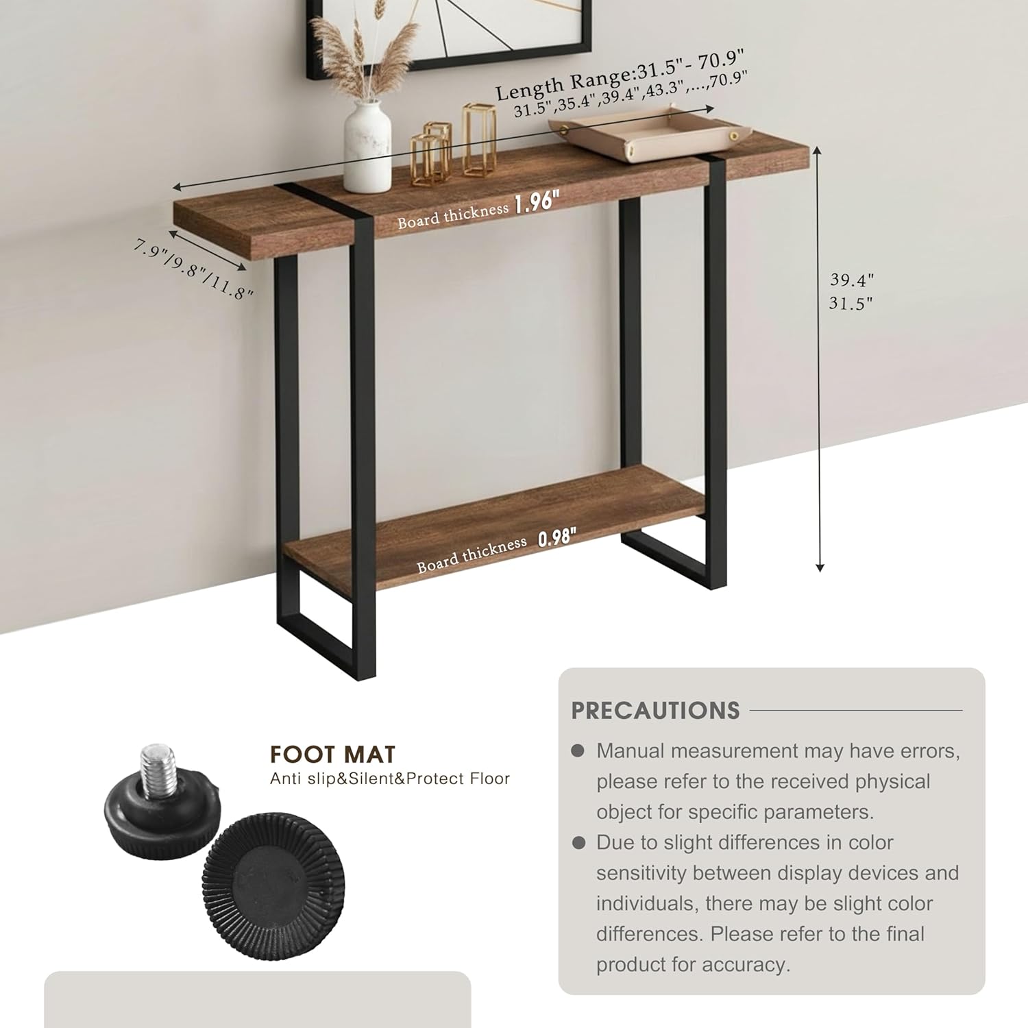 Solid Wood Console Table, 1.96" Thick Top Entryway Table, Narrow Sofa Table Behind Couch, Heavy Duty Industrial Hallway Table with Steel Frame, Rustic Farmhouse
