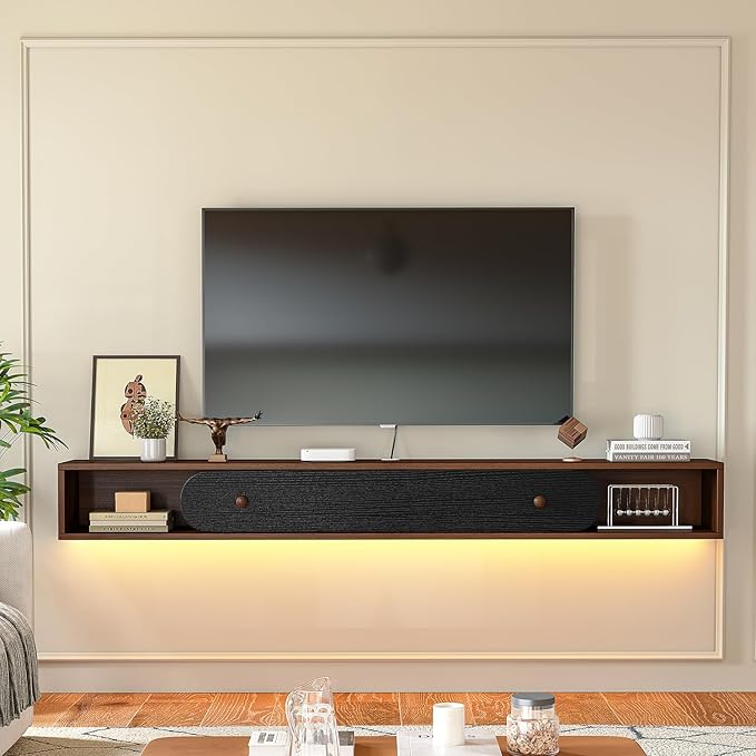 Furninova Floating TV Stand,Wall Mounted Entertainment Center for 65 Inch TV,Plywood Floating Media Console with 1 Flip Down Door & Cable Management,Modern Space Saving TV Shelf,55 Inch,Walnut & Black