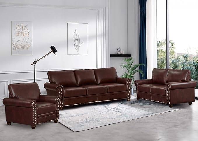 3 Piece Faux Leather Sofa Set,Mid Century Modern Couch and Loveseat Sets with...