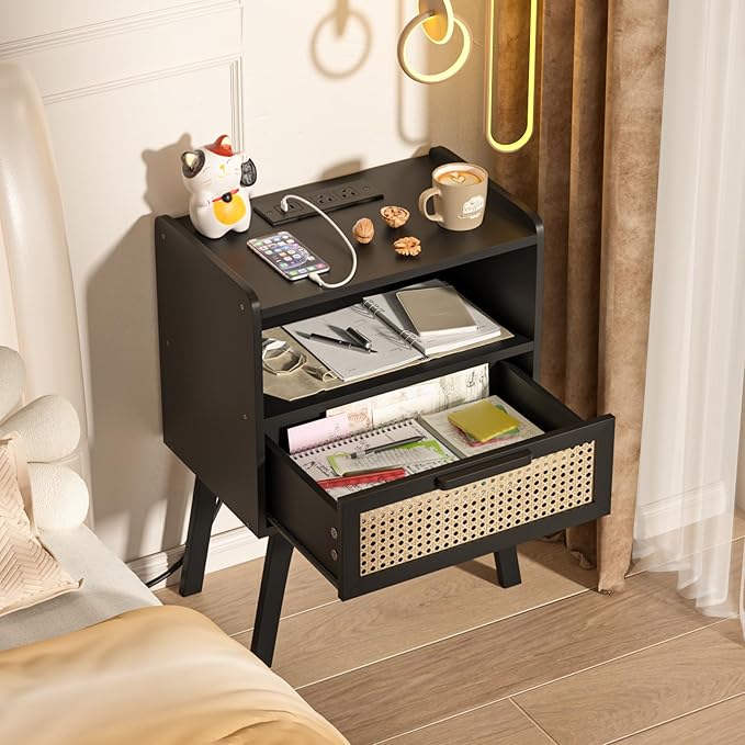 Lerliuo Rattan Nightstand with Charging Station, Black Bedside Table with Dra...
