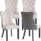 Modern Dining Chairs Set of 4, Tufted Upholstered Dining Chair with Solid Wood Legs, Two-Tone Velvet Accent Chair, Sillas de Comedor, Comfy Kitchen Chairs (Beige+Pattern, 4Pcs)