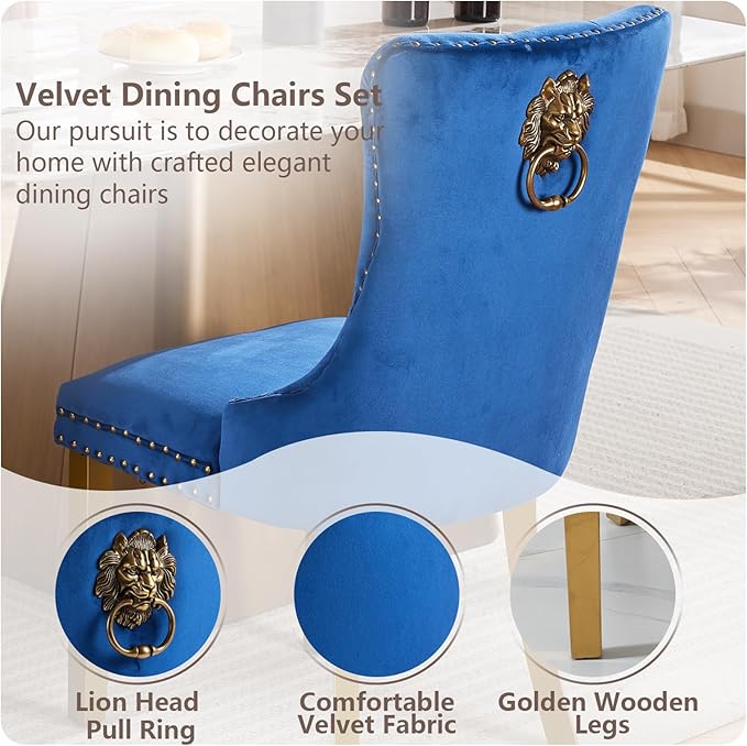 Velvet Dining Chairs Set of 2, Modern Tufted Dining Room Chair, Upholstered Dining Chairs with Lion Head Pulls Ring and Golden Solid Wood Legs, Luxury Kitchen Chairs for Dining Room, Blue