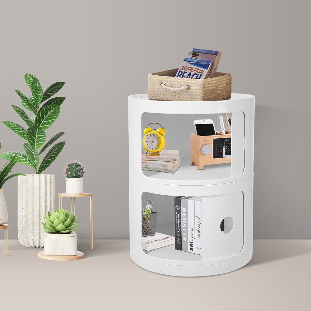 2-Tier Circular Nightstand, Round Nightstand, Circular Side Table with Drawer...