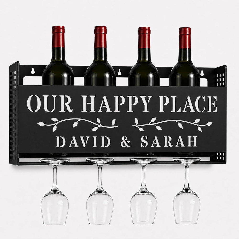 Personalized Wine Rack Wall Mounted with Glass Holder, Custom Name Wine Bottl...