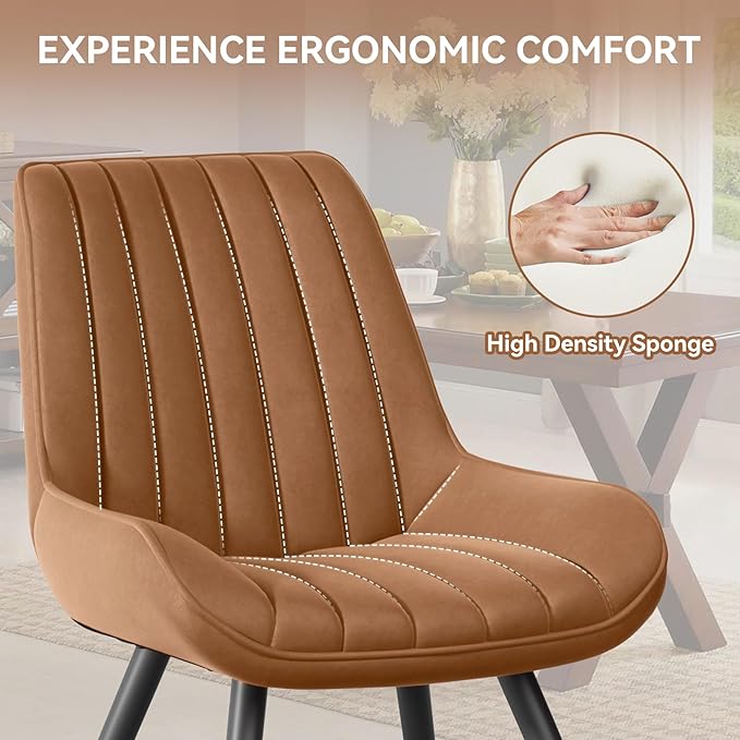 Modern Dining Chairs Set of 4,Upholstered Dining Room Chairs with Thick Cushions,Fabric Comfy Dining Chairs with Metal Legs for Dining Room Brown