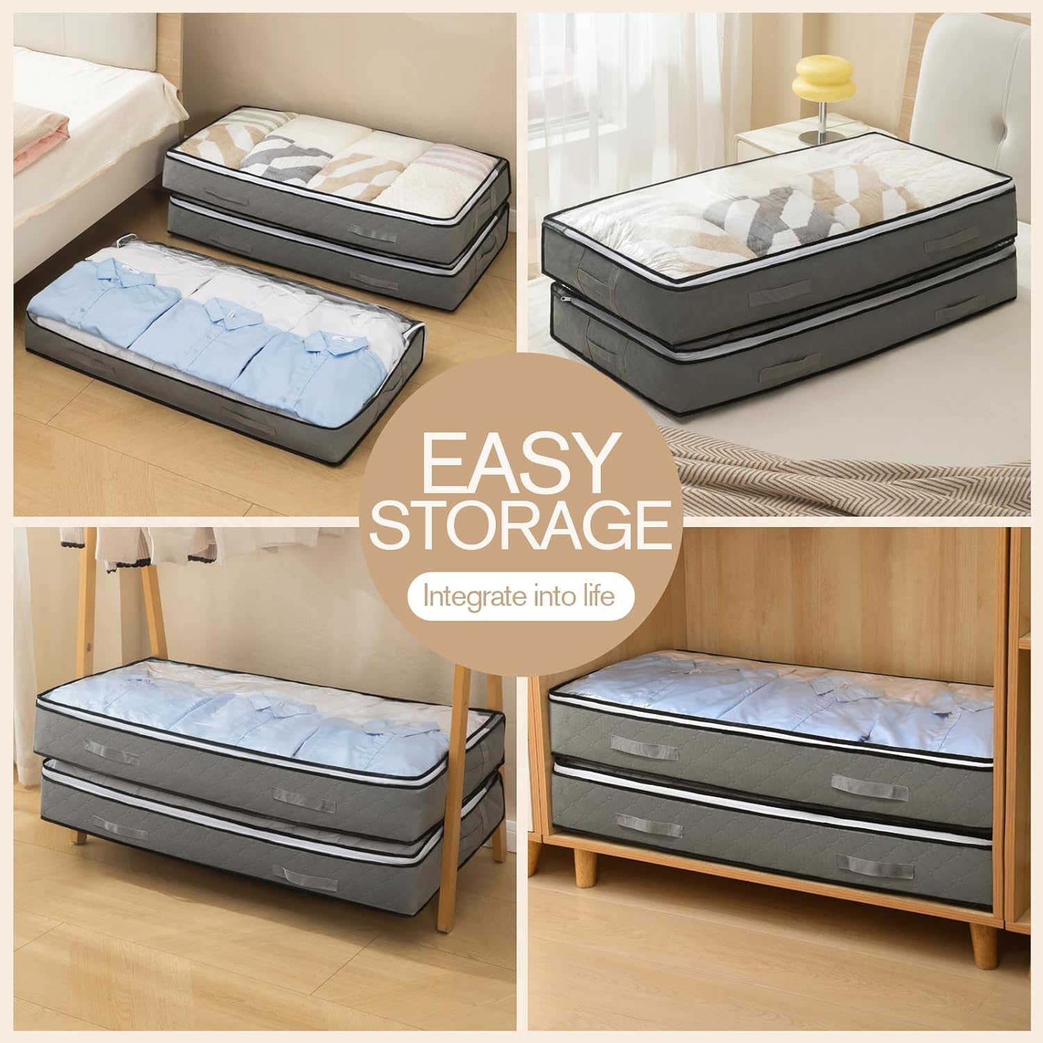 90L Under Bed Storage Containers, Closet Organizers and Storage Bins, Foldable Underbed Storage Bags for Blanket, Clothing, Comforter, Sweaters, Pillows, Linen Sheets, Wrapping Paper, grey