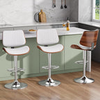 Swivel Bar Stools Set of 3, Adjustable Bentwood Barstools for Kitchen Counter, Modern PU Leather Upholstered Bar Chair with Back and Footrest, for Kitchen Island, Bar, Dining Room, White