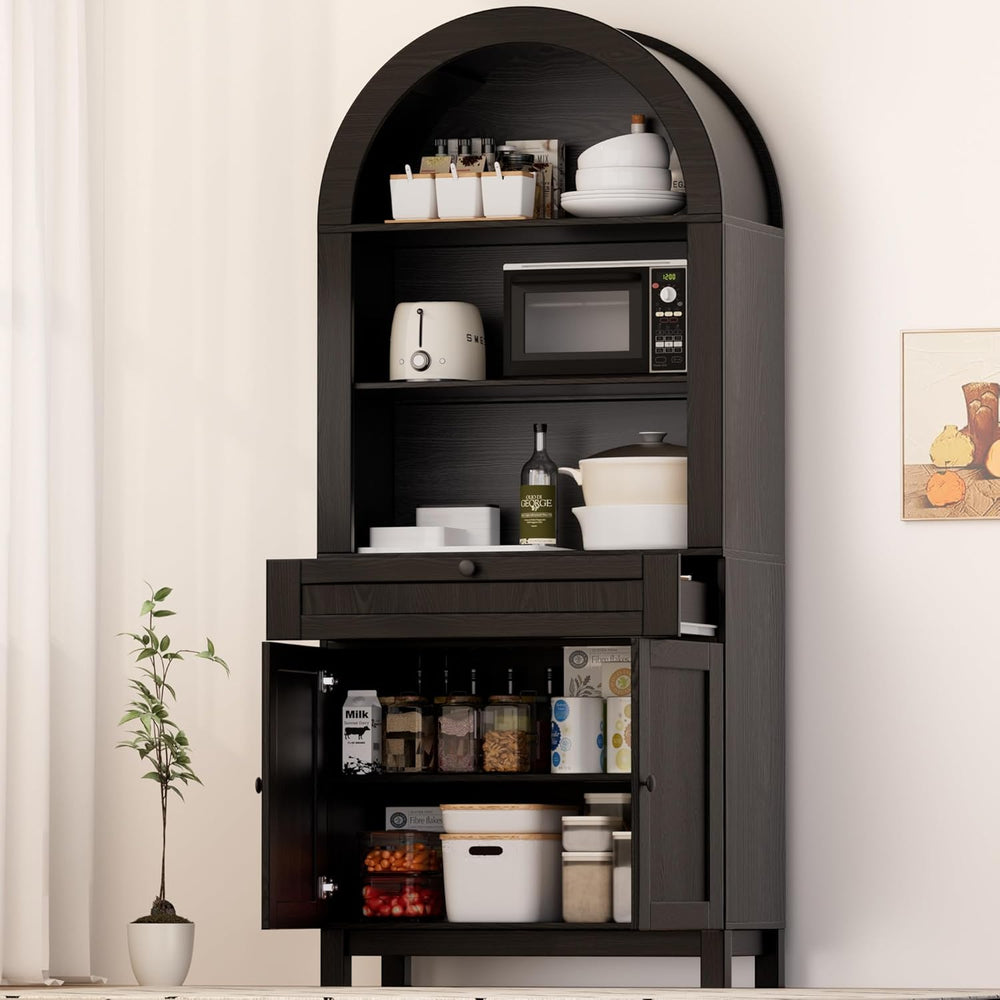 Arched Pantry Cabinet, 71" Kitchen Pantry Cabinet with Smooth Gliding Dr...