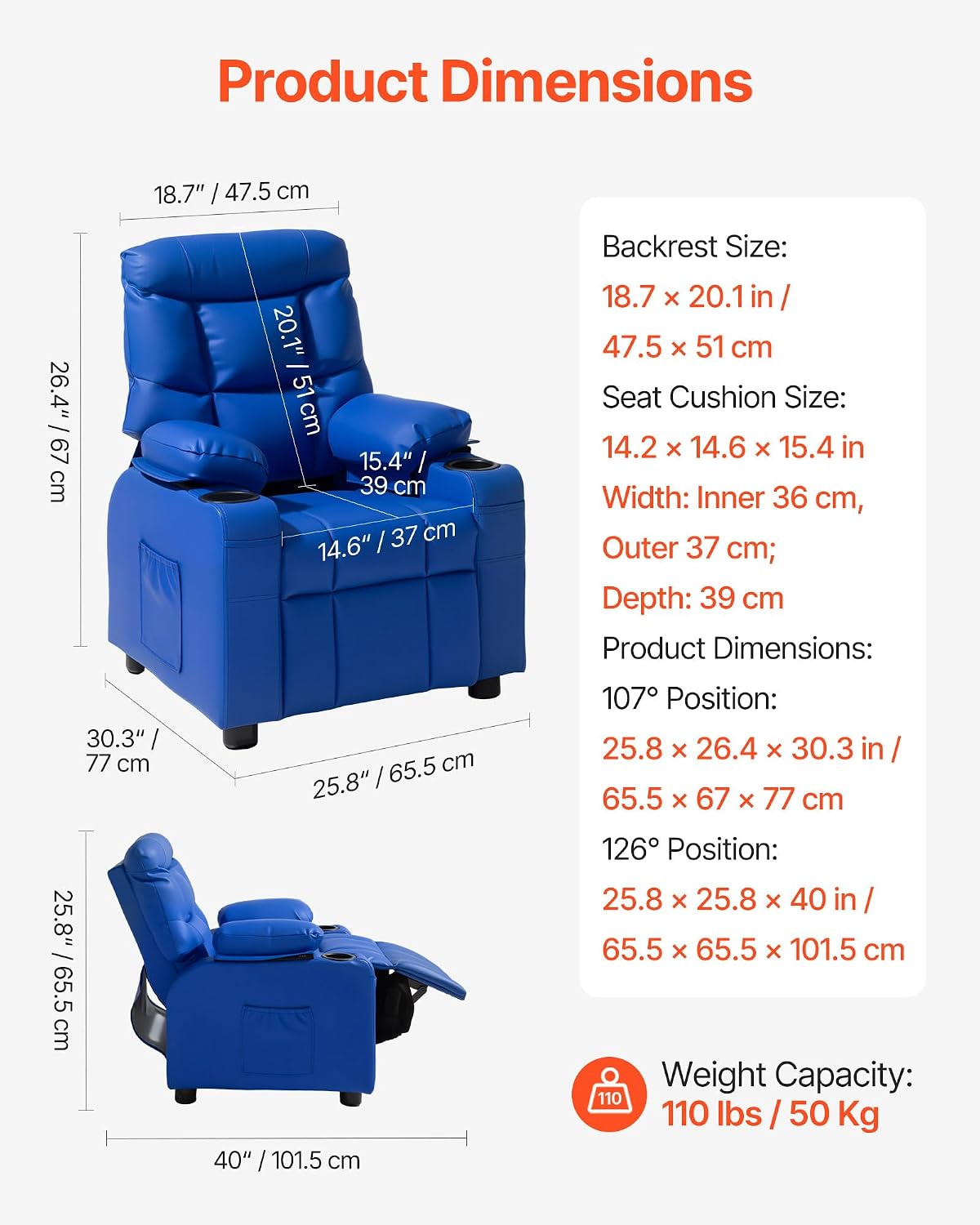 VEVOR Kids Reclining Chair, Toddler Recliner with 2 Cup Holders and 4 Pockets, 107° to 126° Adjustable Back, Easy-to-Clean PU Leather Recliner Couch with Footrest, for Boys, Girls & Children (Blue)