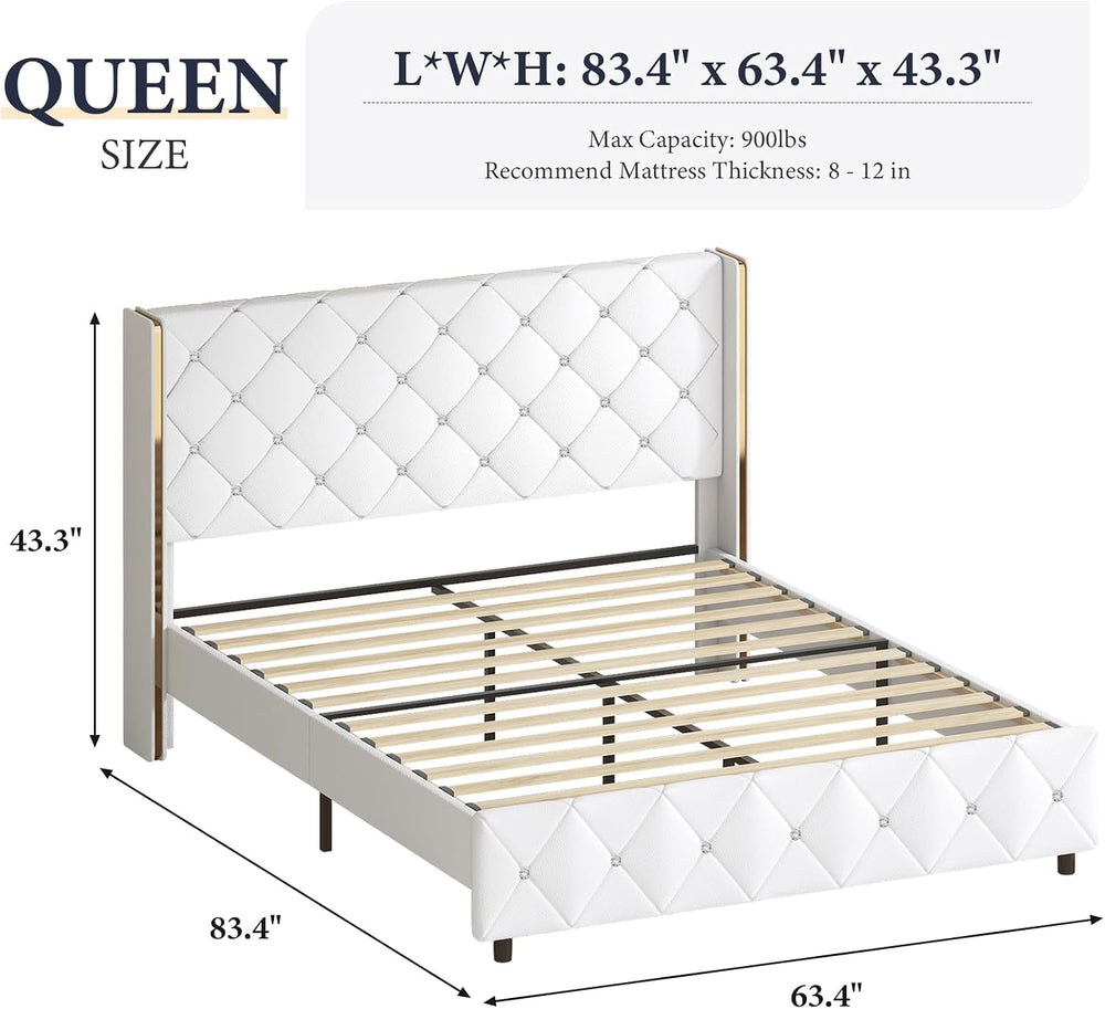 Lullabyre Queen Size Upholstered Bed Frame, Diamond Tufted Wingback Headboard...
