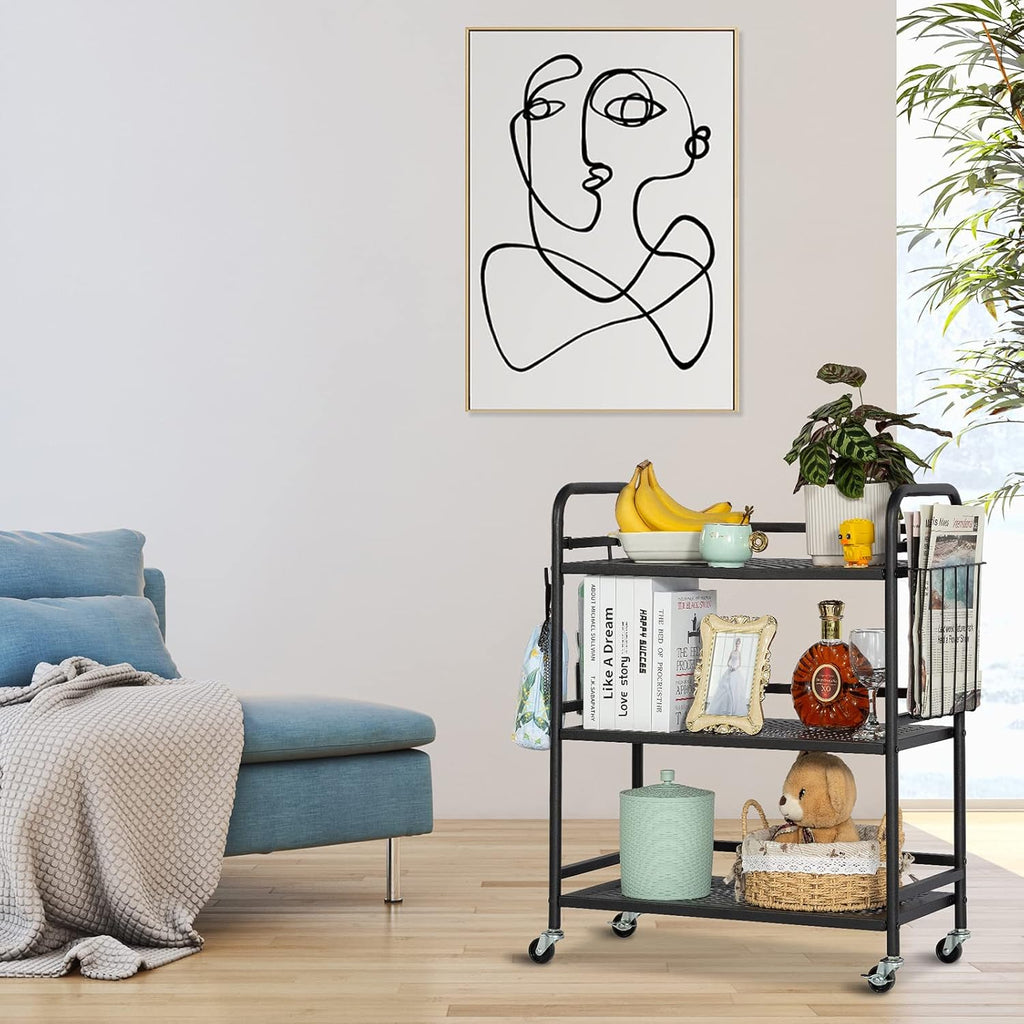HDANI 3 Tier Metal Mesh Utility Cart,Large Capacity Multipurpose Heavy Vehicle,Rolling Trolley with to Hooks and One Basket(Black)