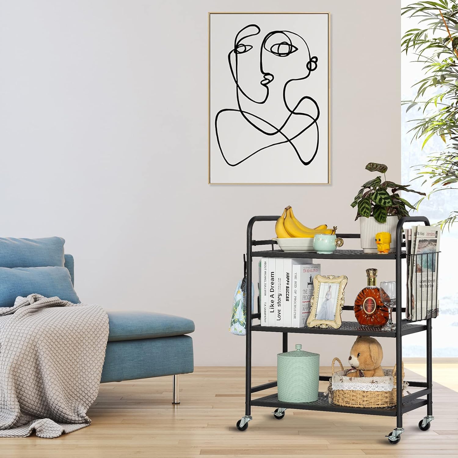 HDANI 3 Tier Metal Mesh Utility Cart,Large Capacity Multipurpose Heavy Vehicle,Rolling Trolley with to Hooks and One Basket(Black)