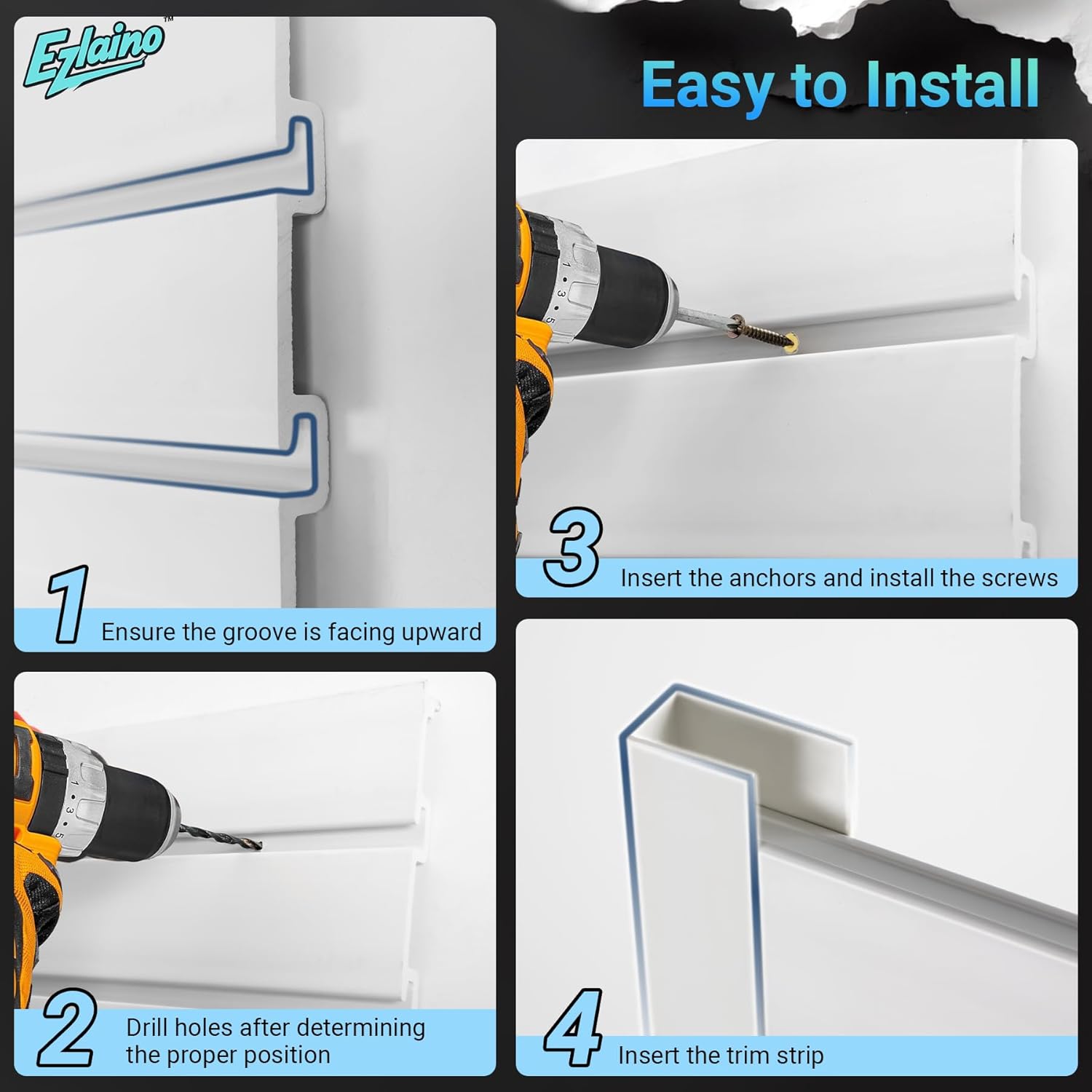 Ezlaino PVC Slat Wall Paneling 4FT x 2FT, Thickened & Durable, Waterproof, Versatile | Fits Most Slatwall Accessories (Not Included) | Ideal for Garage, Home & Store Organization, White