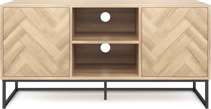 Nathan James Dylan Media Console Cabinet or TV Stand with Doors for Hidden Storage in a Natural Reclaimed Oak Herringbone Wood Pattern and Metal, Oak/Matte Black