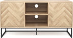 Nathan James Dylan Media Console Cabinet or TV Stand with Doors for Hidden Storage in a Natural Reclaimed Oak Herringbone Wood Pattern and Metal, Oak/Matte Black