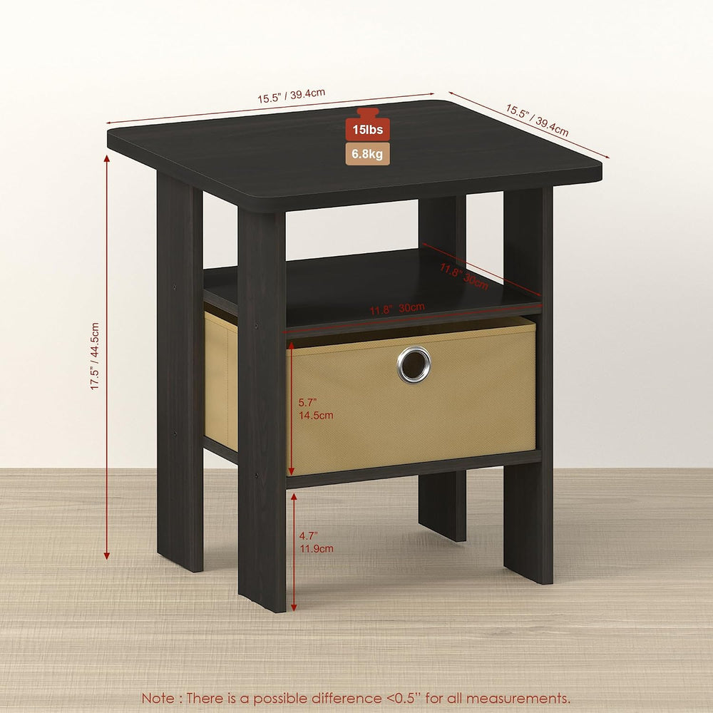 OTA Side Table, End Table, Night Stand with Bin Drawer, Ebony/Brown, Set of 2