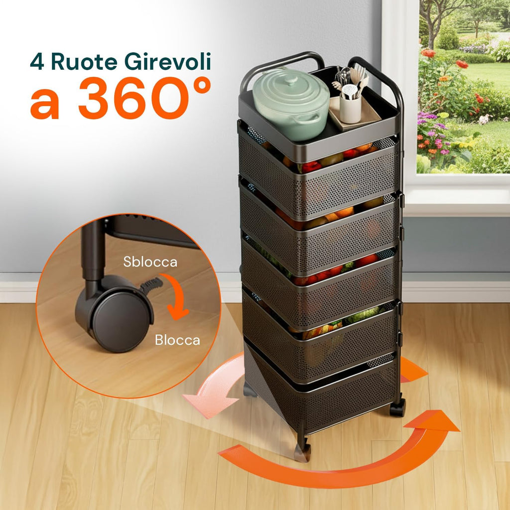 Avilia - Multipurpose Folding Trolley with Wheels with Large Baskets and Space-Saving Structure for Kitchen, Bathroom and Office, Folding Design with Brake Wheels (Black Square, 5 Baskets)