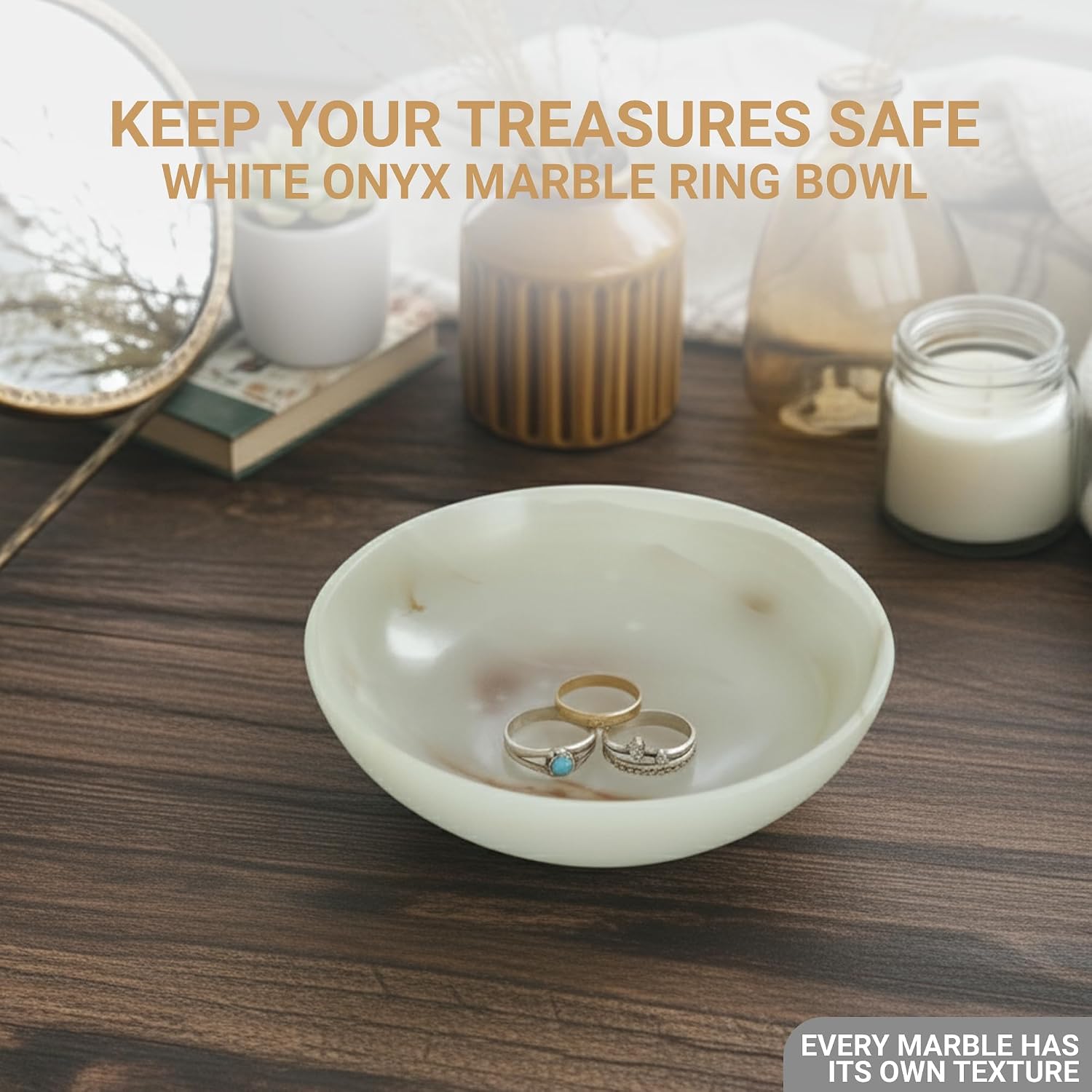 Marble Ring Jewelry Dish Tray - 5" Inch Trinket Dish for Rings Earrings Necklace, Keys, Watches, Vanity Organizer, Small Essentials Organizers, Onyx White