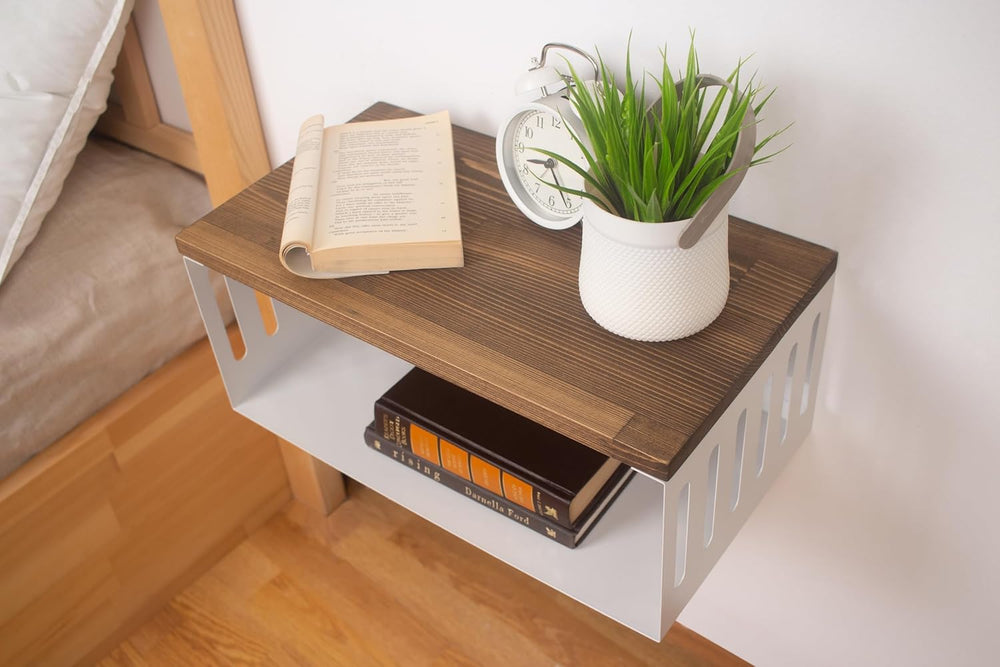 Floating Nightstand with White Metal Base, Wooden Top and Sturdy Metal Base, ...