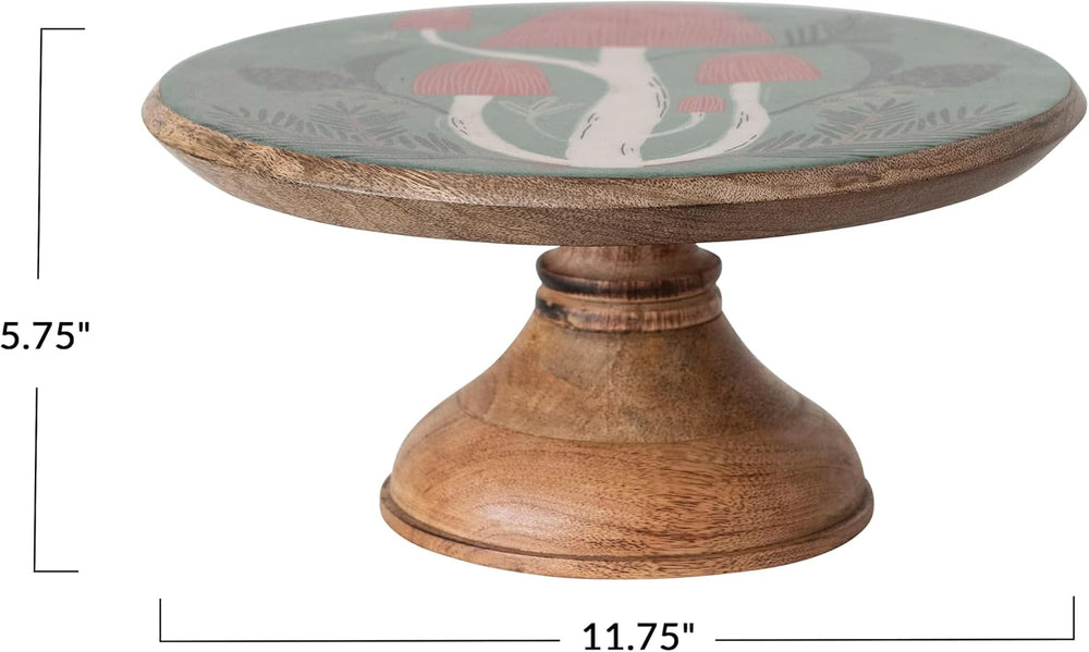 Creative Co-Op Enameled Mango Wood Pedestal with Mushrooms, Natural, Green an...