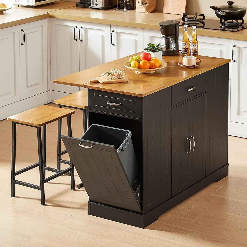 ONBRILL 47" Kitchen Island with Trash Can Storage, Include 2 Chairs, Bla...