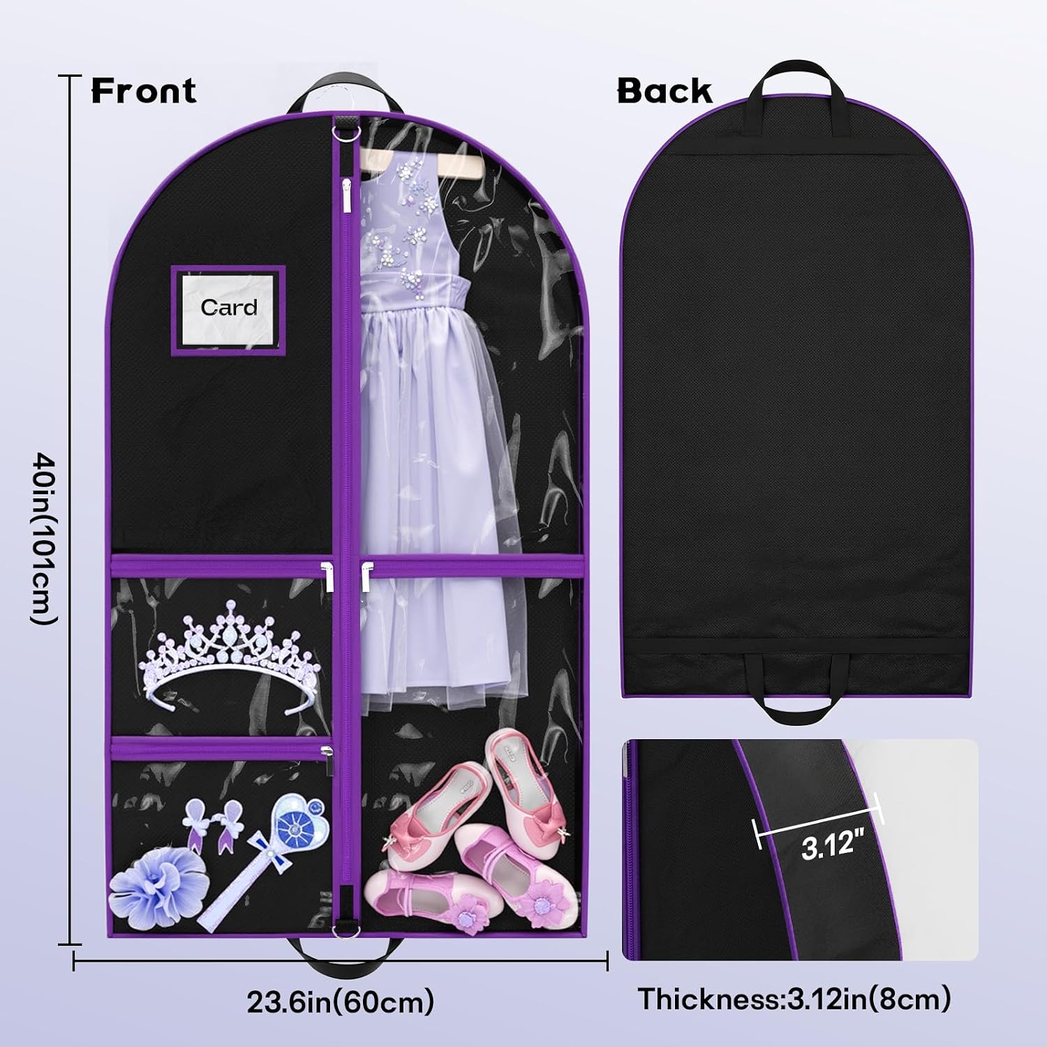 Dance Garment Bags for Dancers, 40" Garment Bags for Hanging Clothes with 3 Clear Zipper Pockets, Cheer Uniform Garment Bag for Suits, Travel & Sports Jersey, Cheer Uniform (Purple, 1Pack 40")