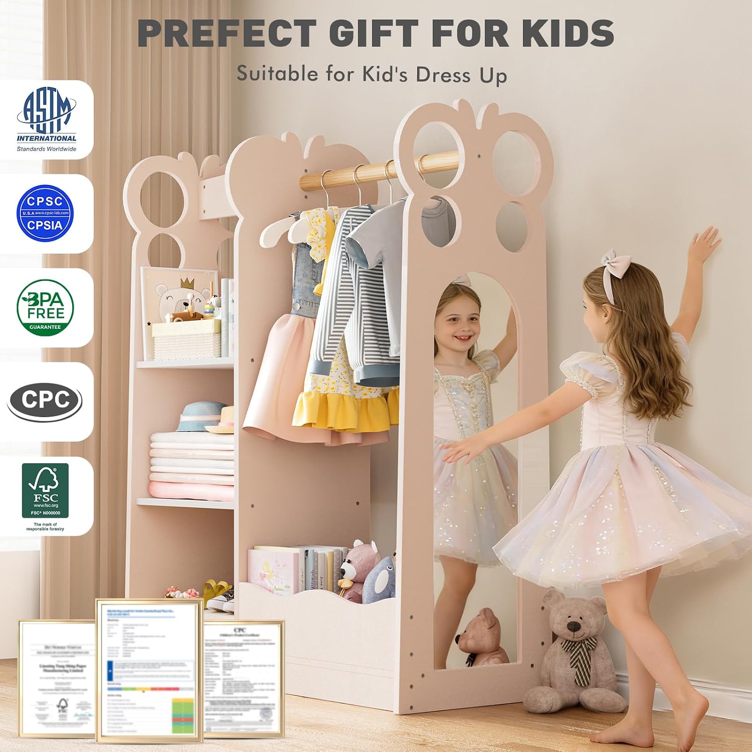 BlueWood Dress Up Storage Kids Wardrobe with Mirror, Toddler Costume Closet | Princess Closet with Hanging Rod, 3 Shelves & Storage Bins, Armoire Rack for Little Princess Girls Ages 3-7, Pink Butterfly