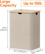 Lifewit 150L Laundry Basket with Lid, Clothes Hampers for Laundry with Bamboo Handles and A Removable Bag, Large Foldable Laundry Hamper for Bedroom, Bathroom, Dorm, Laundry Room, Beige