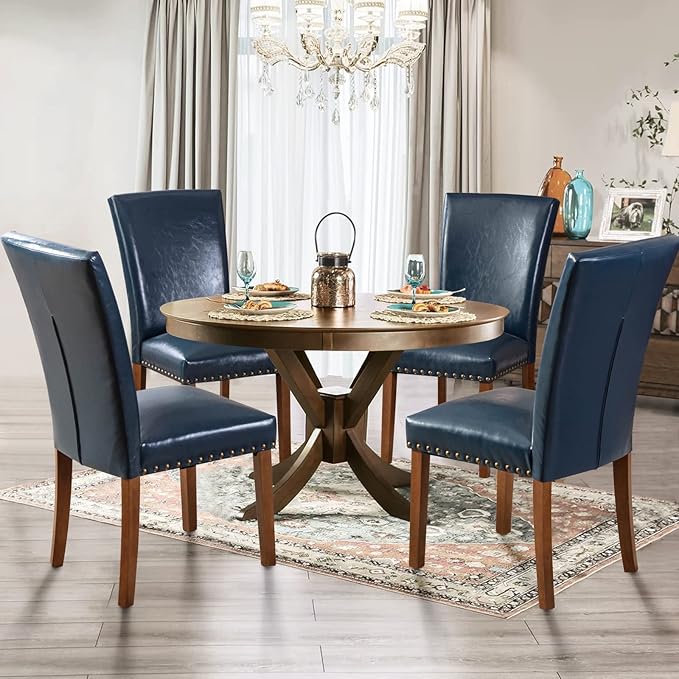 Parsons Dining Chairs Set of 6, Upholstered Nailhead PU Leather Dining Room Kitchen Side Chair with Thick Cushions and Wood Legs, Blue