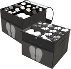 Shoe Organizer for Closet, 2-Pack Fabric Shoe Storage Box with Clear Lid & Adjustable Dividers, Holds 16-32 Pairs, Space Saving Shoe Storage Bins with Mesh Pockets, Black
