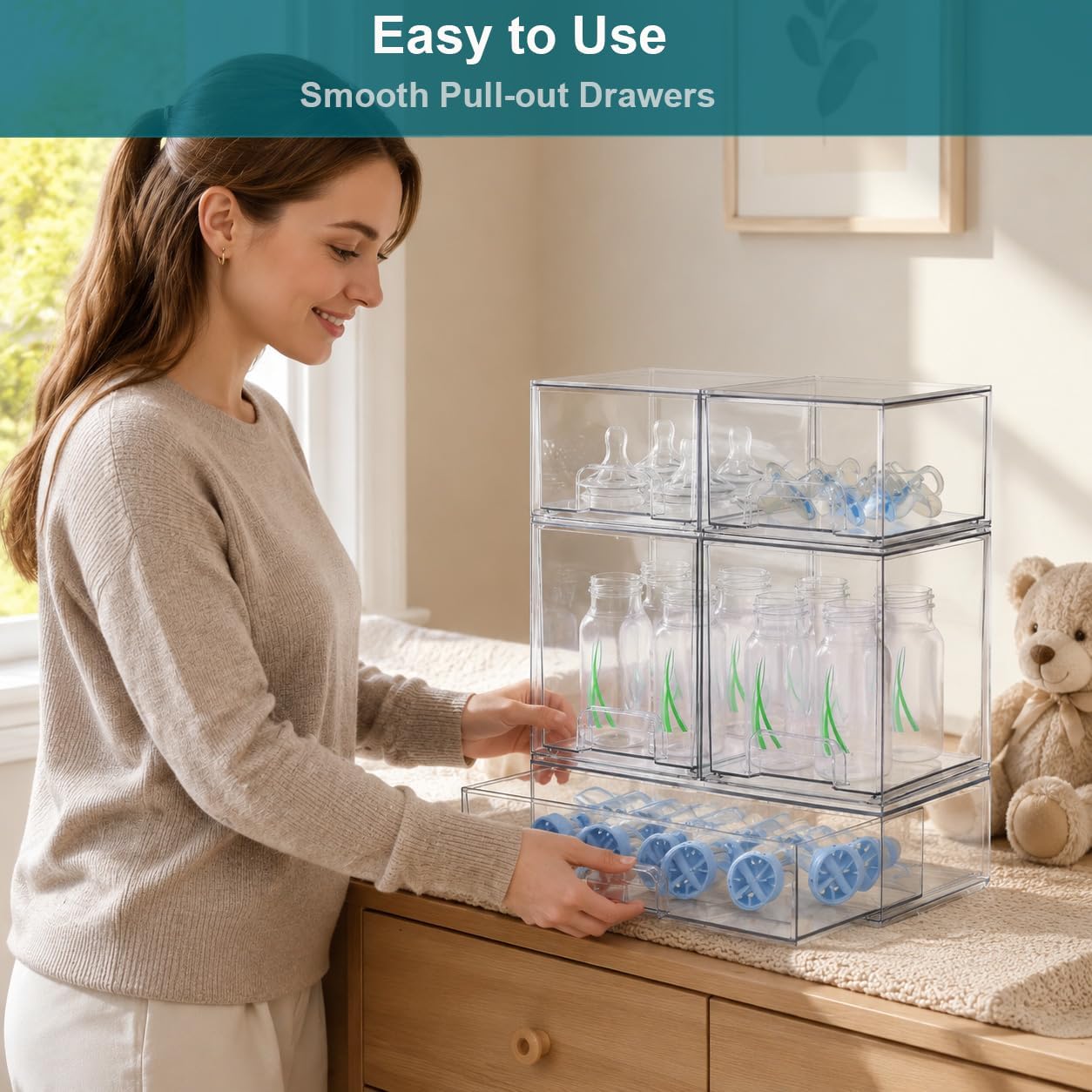 Baby Bottle Organizer for Countertop Food-grade Acrylic Storage for Cabinet | Set of 5 Clear Stackable Organizers with Drawers for Bottles, Plastic Baby Station Organization for Pacifiers, Pump Parts
