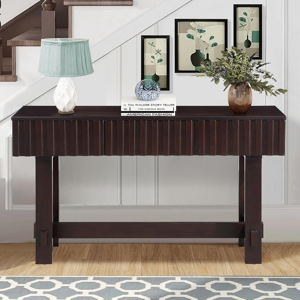Knocbel Fluted Console Table with 3 Storage Drawers, Farmhouse Mid Century So...