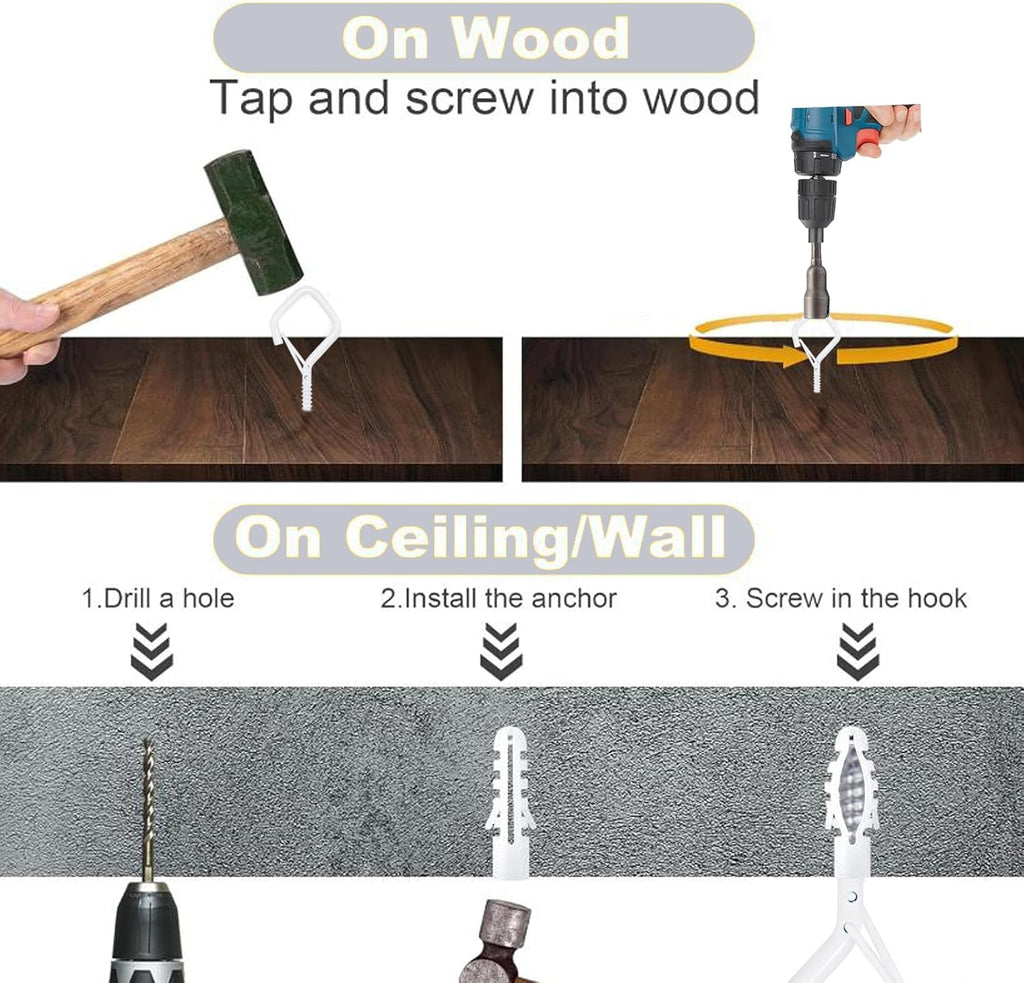 10PCS Eye Screw Hooks for Hanging Heavy Duty with Safety Buckle.Metal Ceiling Hooks for Hanging Plants,Cup,Wind Chime,Bird Feeders,christmas String Lights at Indoor&Outdoor,2.36 Inch(No Drill Bit)