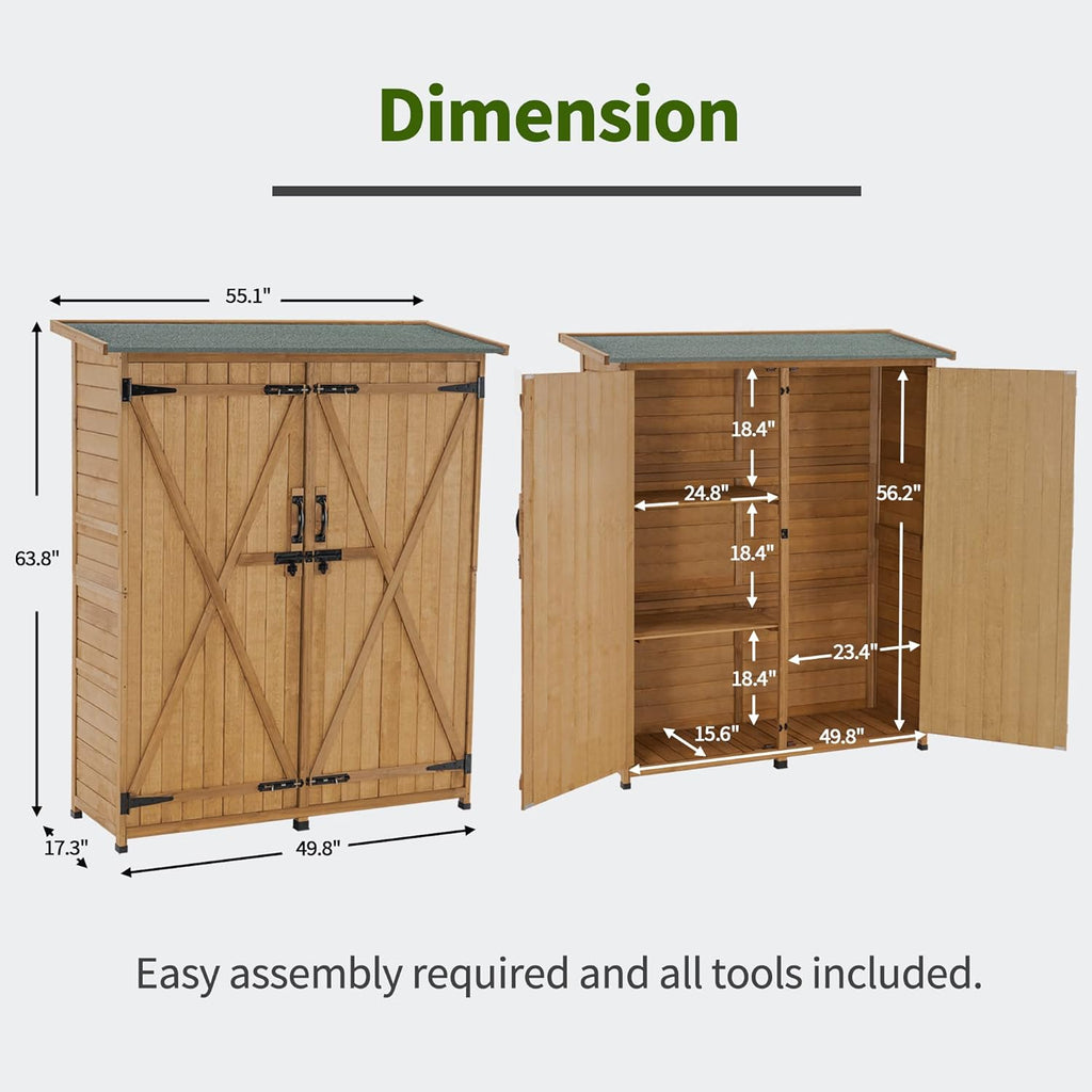 MCombo Outdoor Storage Cabinet with Shelves, Wood Garden Shed with Floor, Outside Tool Shed with 2 Lockable Doors for Yard Patio Lawn, 1400 (Natural)