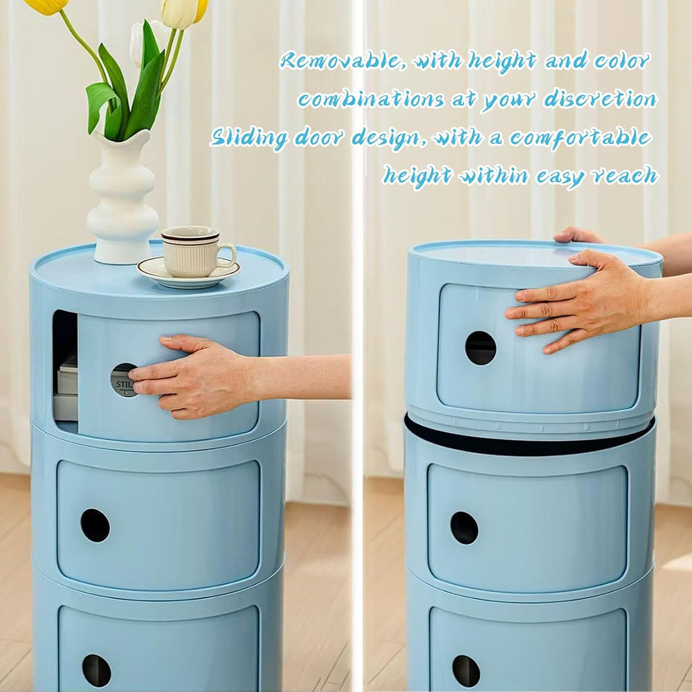 3 Tier Round Nightstand with Drawer, Royal Blue Round Side Table Small Plasti...