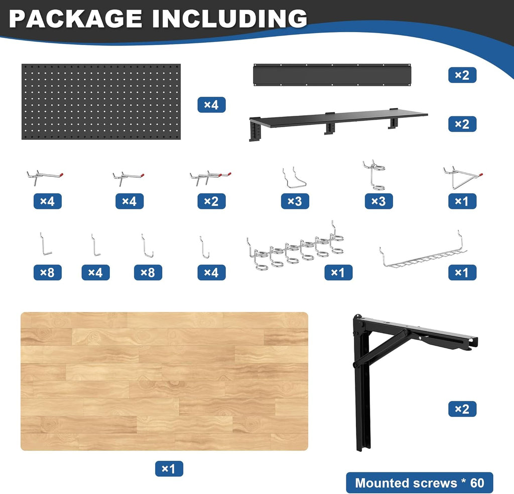 Ultrawall Wall Mounted Workbench with Pegboard, Folding Down Work Table Metal Pegboard Wall Organizer for Garage, Workshop, 48”X24”