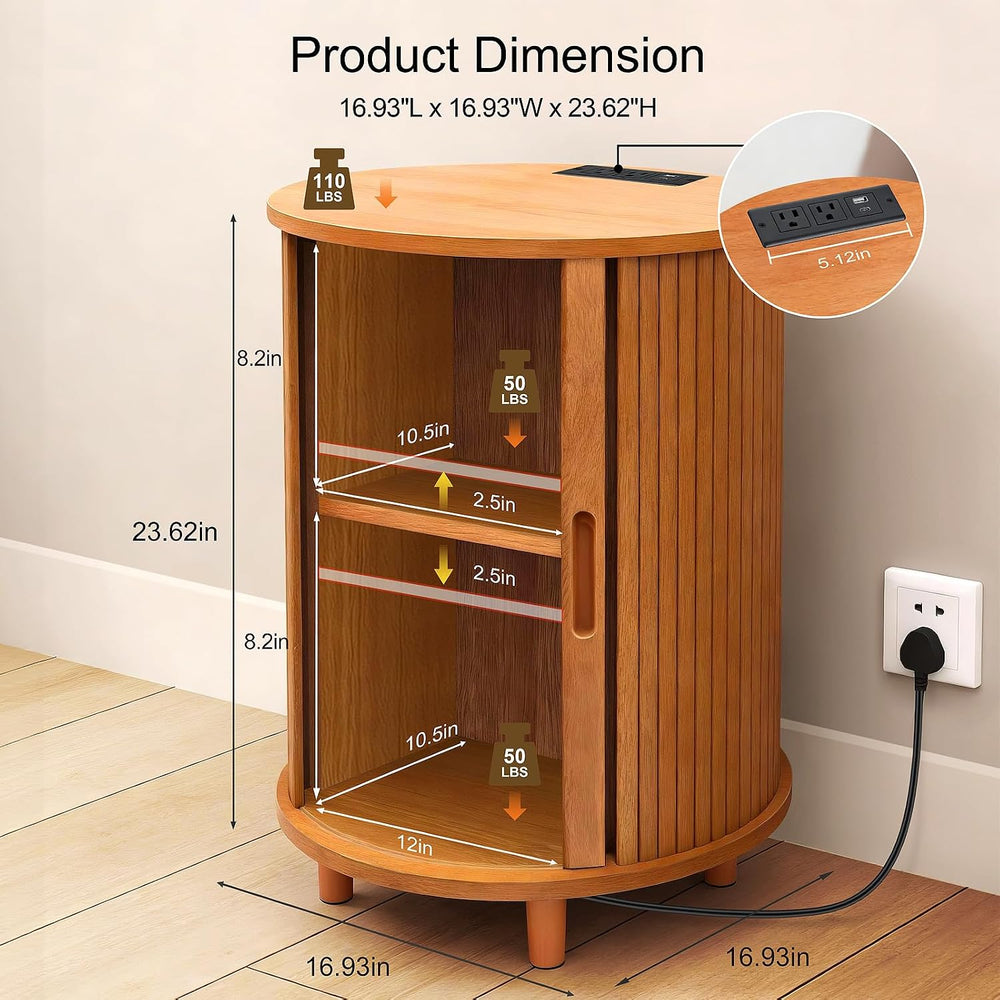 DHH Round End Table with Storage & Charging Station, Fluted Accent Side T...