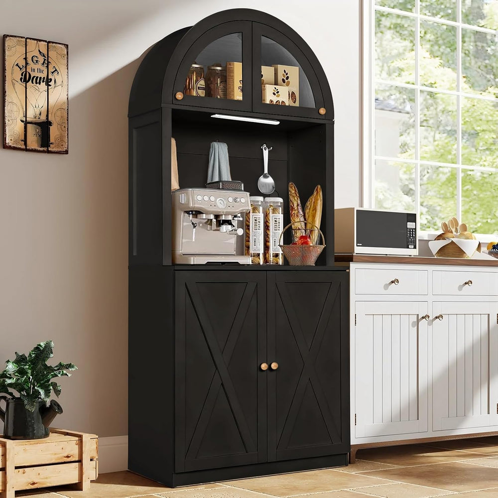 71" Tall Arched Kitchen Pantry Cabinet, Farmhouse Storage Cabinet with L...
