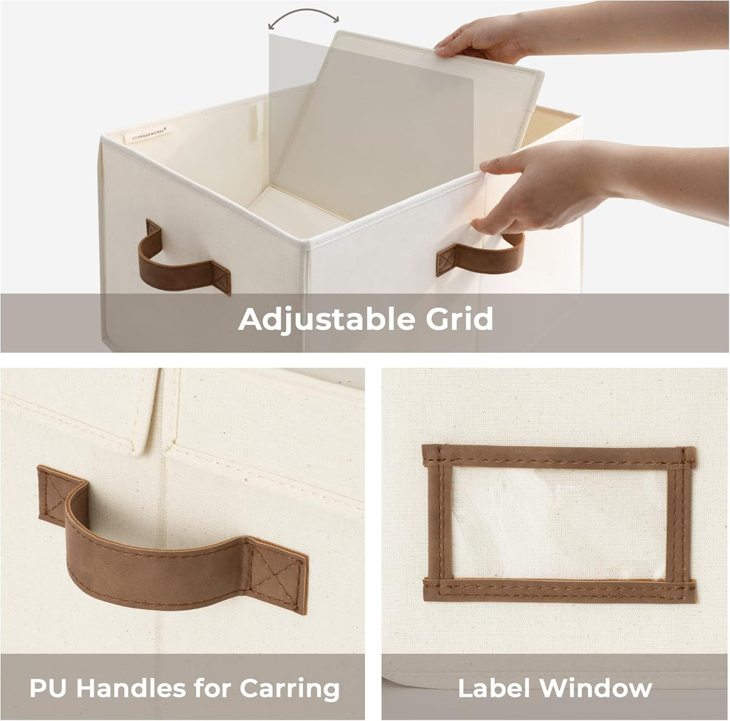 StorageWorks Large Clothes Storage Bins, Fabric Boxes with Divider Board, Baskets for Clothes, Linen Closet Organizers with Lid, Ivory White, 2-Pack