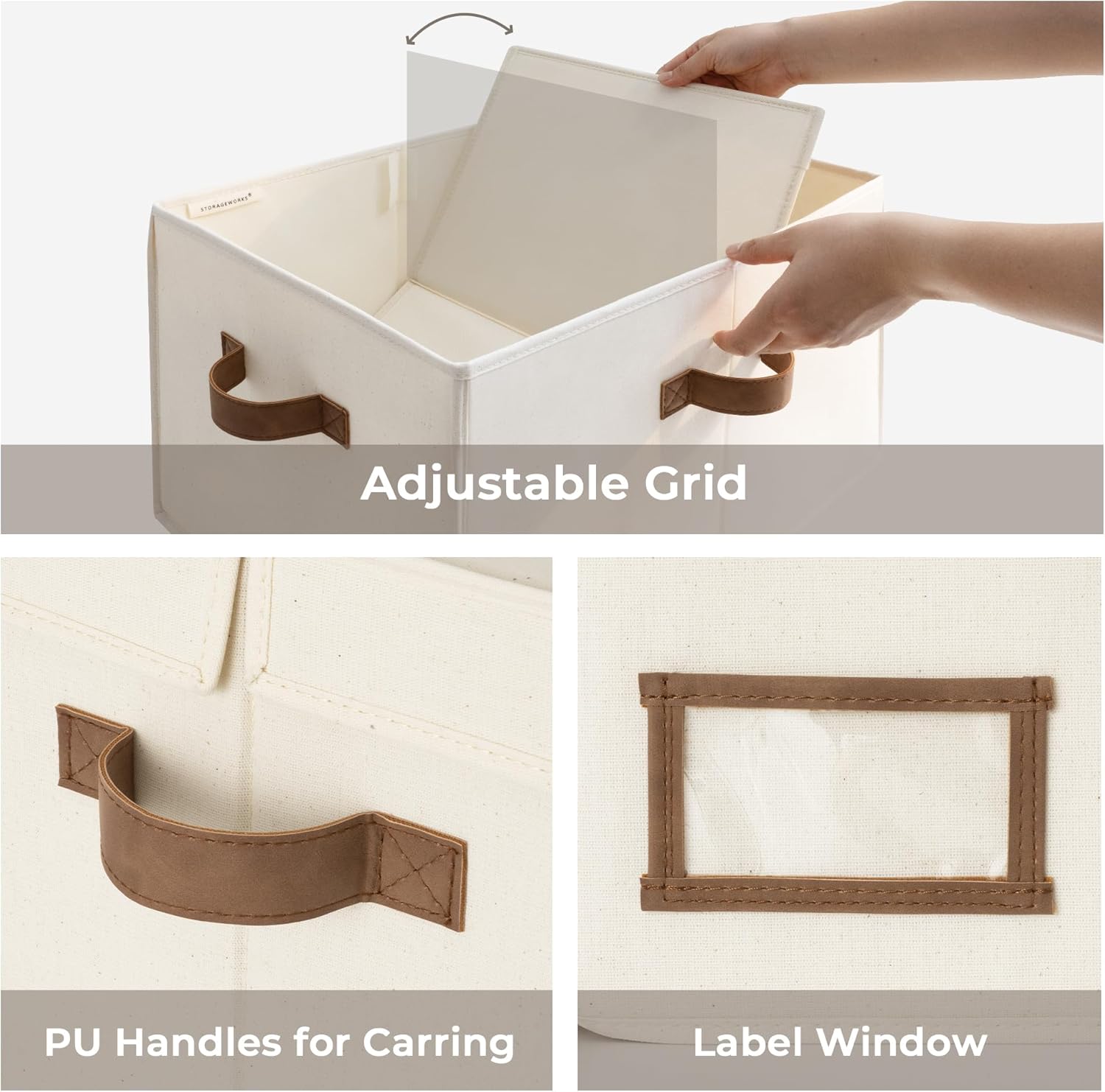 StorageWorks Large Clothes Storage Bins, Fabric Boxes with Divider Board, Baskets for Clothes, Linen Closet Organizers with Lid, Ivory White, 2-Pack